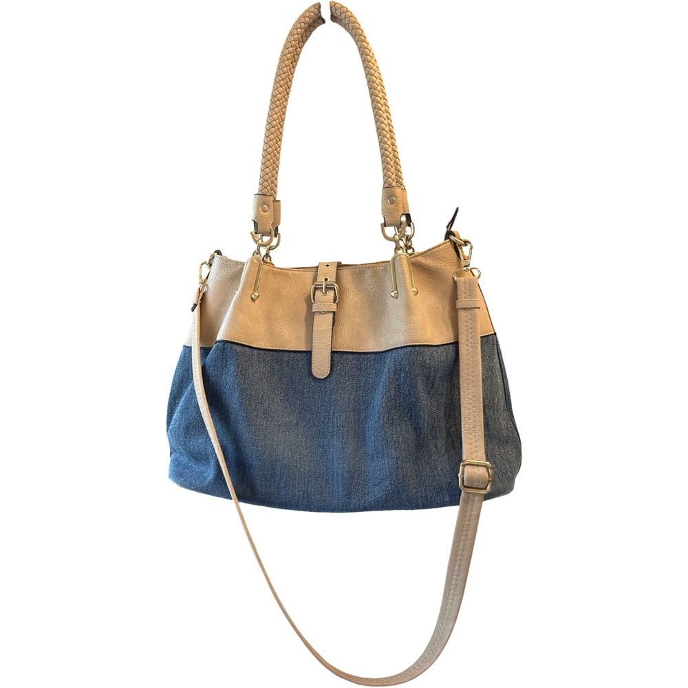 Black Rivet Denim & Tan Boho Shoulder Bag | Braided Handle Mixed Media Tote